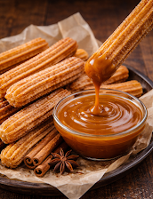 Crispy Mexican churros with warm dulce de leche dipping sauce