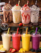 Colorful milkshakes and tropical fruit smoothies in cups