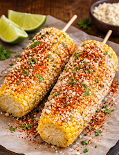 Grilled Mexican street corn on the cob covered in cotija cheese, chili, and lime